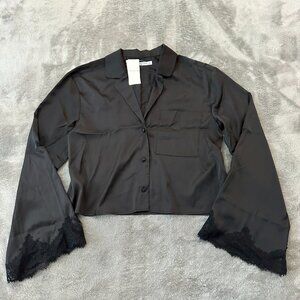NWT Abercrombie & Fitch Black Satin Lace Long Sleeve Top Blouse Women's SMALL
